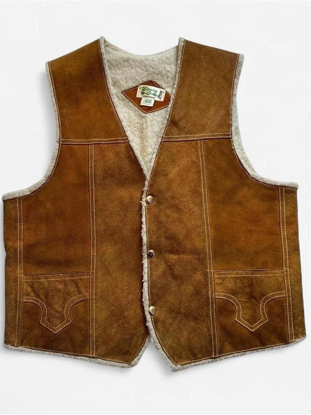 Vintage Men's Brown Shearling-Lined Suede Vest medium